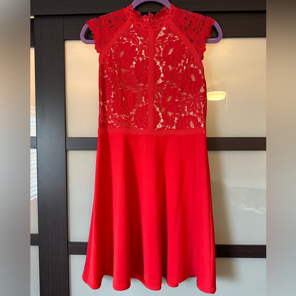 High neck red mini dress with lace detailing